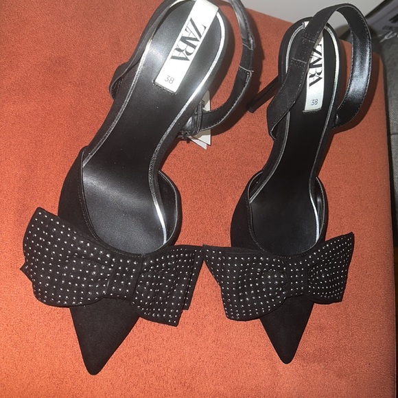 Zara Black Slingback Heels with Studded Bow - Size 38 -NWT - Picture 6 of 9